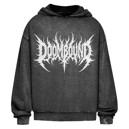 Vorderseite des schwarzen Primal Kohle Hoodies mit weißem Doombound-Schriftzug