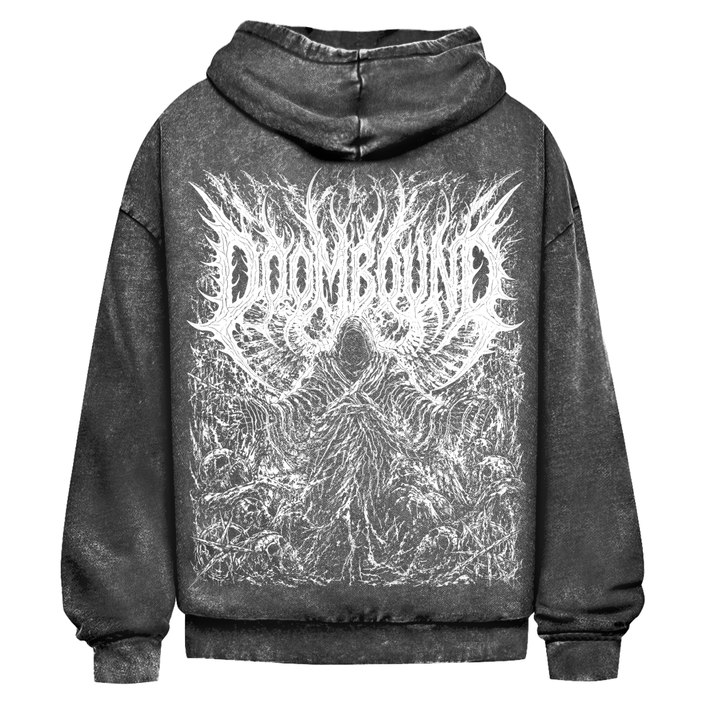 Rückseite des schwarzen Crusader Kohle Hoodies mit großem weißem Crusader-Motiv und Doombound-Schriftzug
