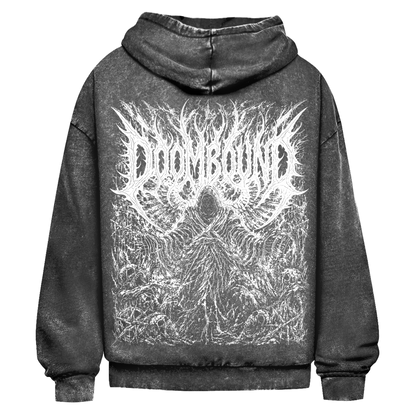 Rückseite des schwarzen Crusader Kohle Hoodies mit großem weißem Crusader-Motiv und Doombound-Schriftzug