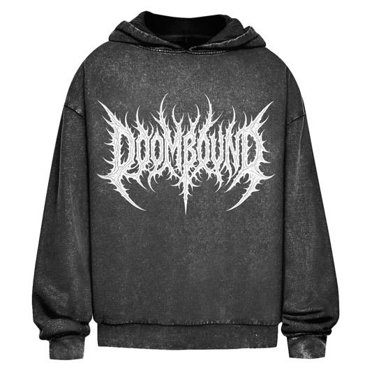 Vorderseite des schwarzen Crusader Kohle Hoodies mit weißem Doombound-Schriftzug