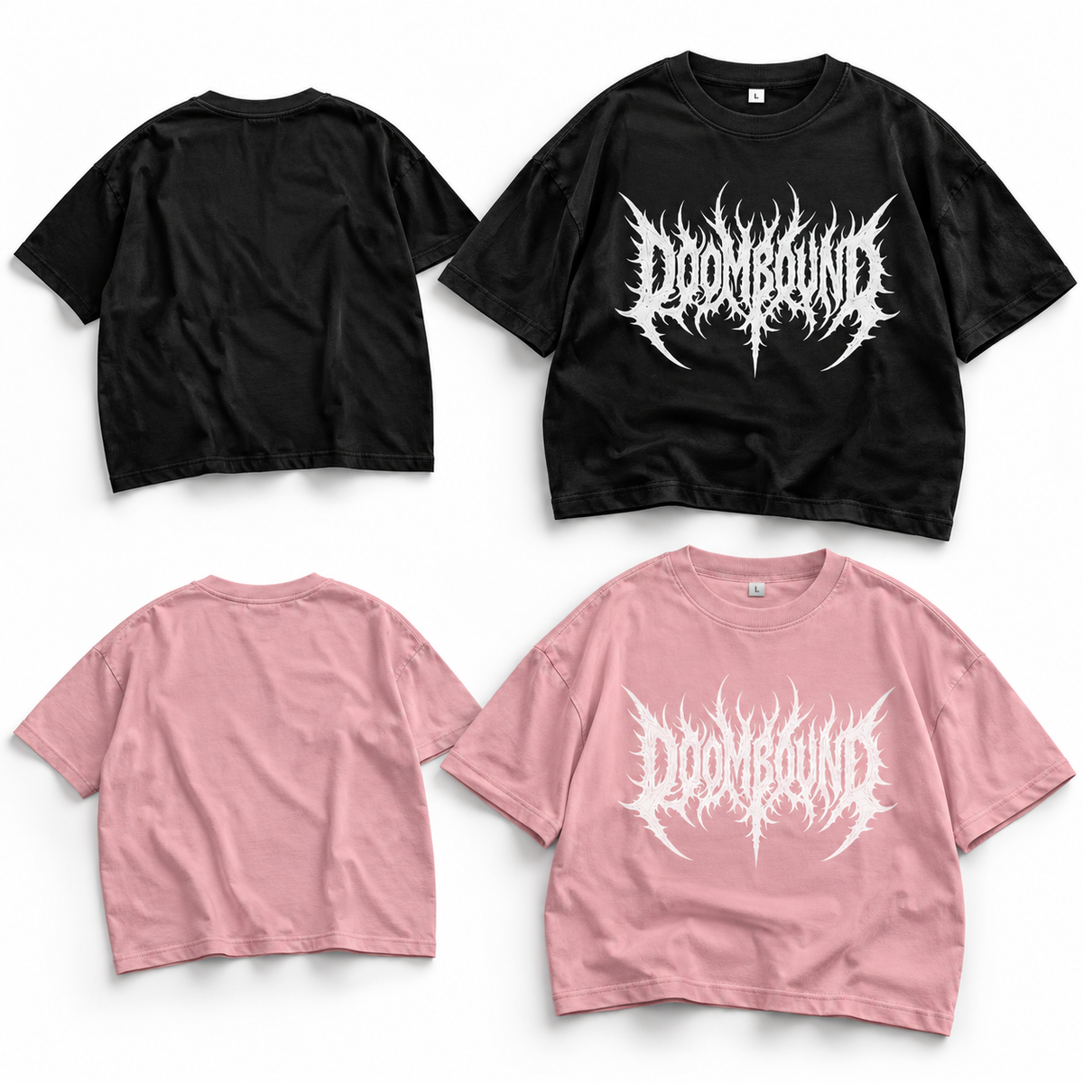 Doombound Core Crop in Schwarz und Rosa, jeweils Vorder- und Rückseite mit weißem Frontschriftzug