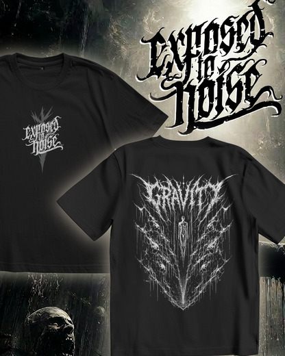 Produktgrafik des Gravity Oversize Shirts mit Vorder- und Rückseite sowie Exposed-to-Noise-Schriftzug