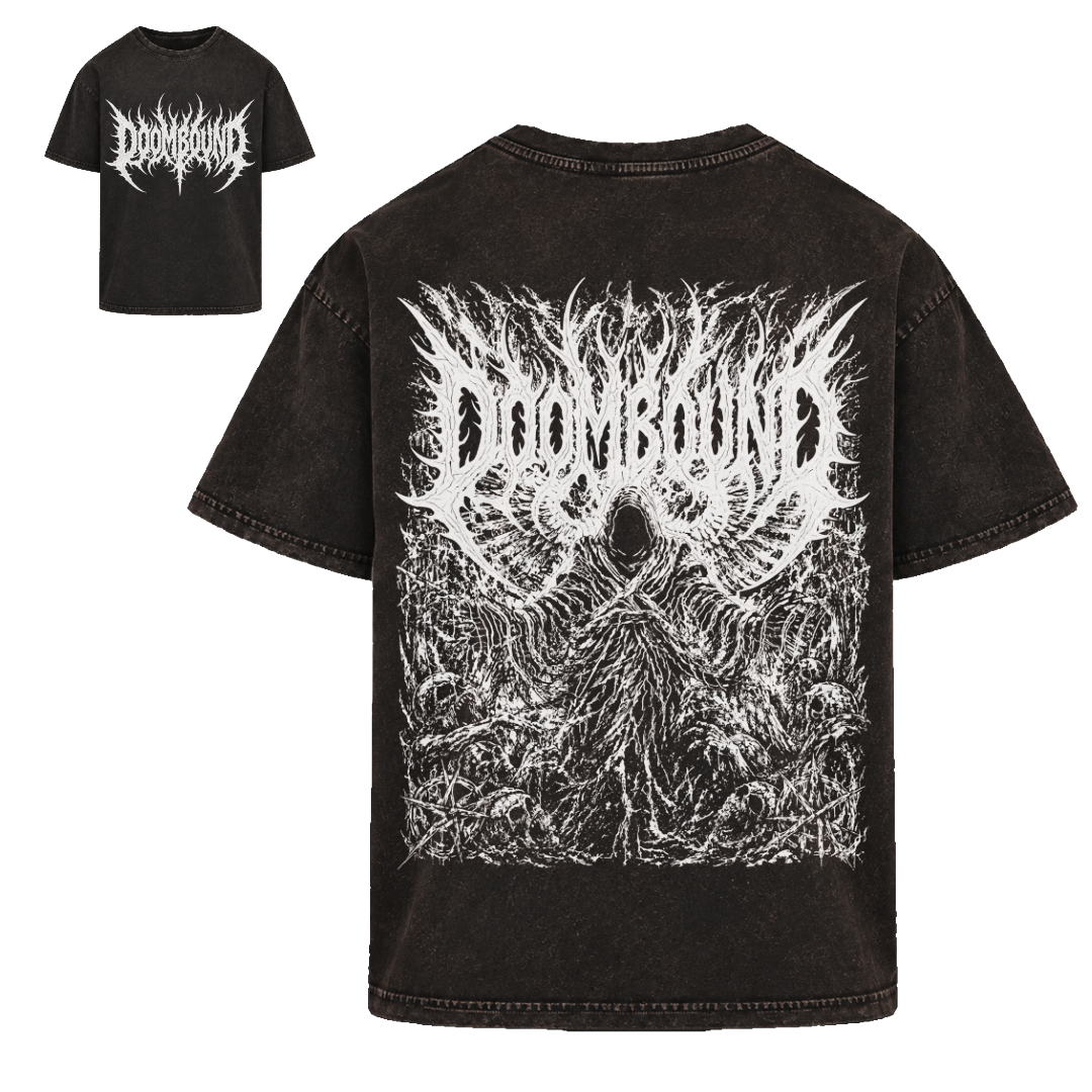 Crusader Kohle Shirt in verwaschenem Schwarz, Vorder- und Rückseite mit großem weißem Rückenmotiv