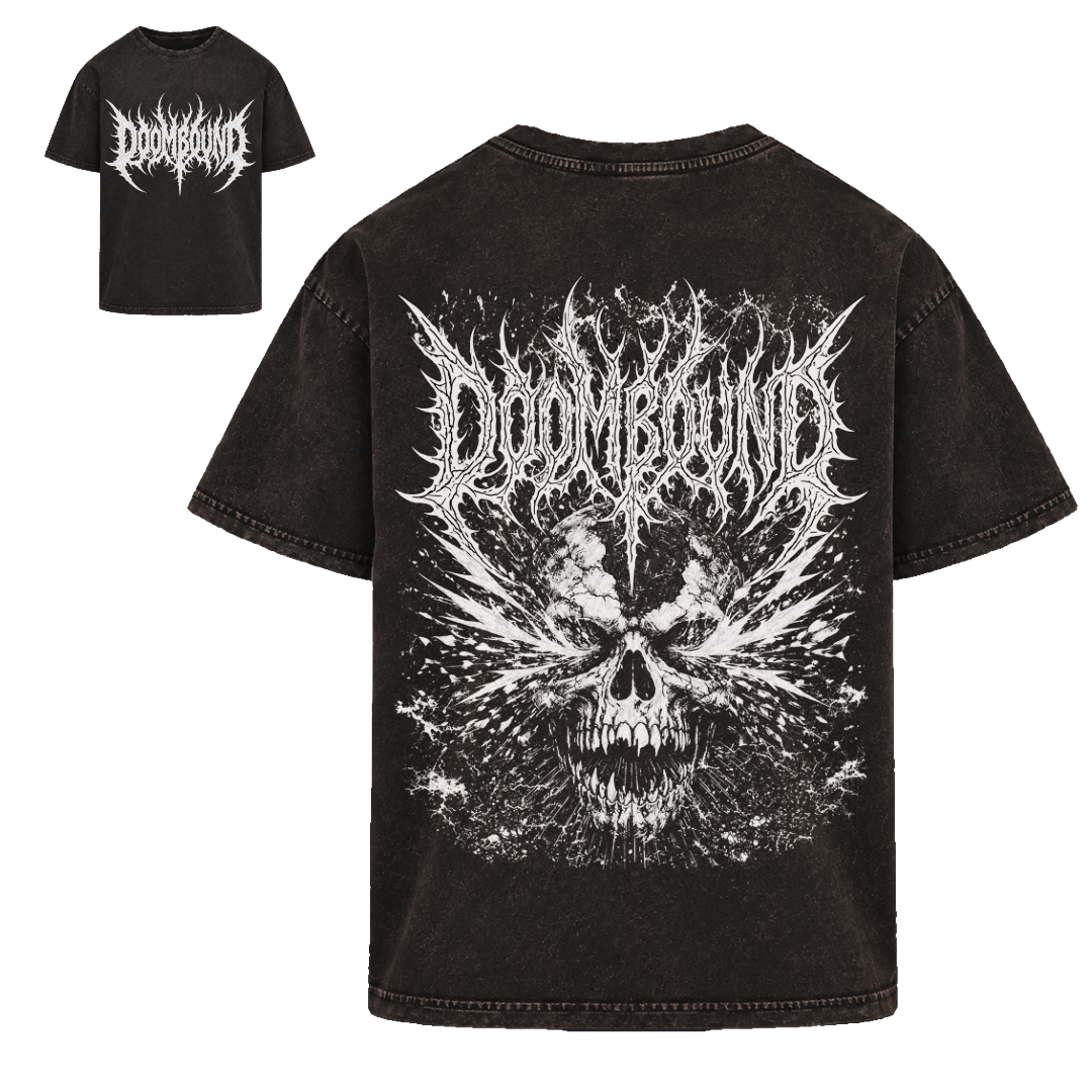 Shredder Kohle Shirt in verwaschenem Schwarz, Vorder- und Rückseite mit weißem Schädelmotiv