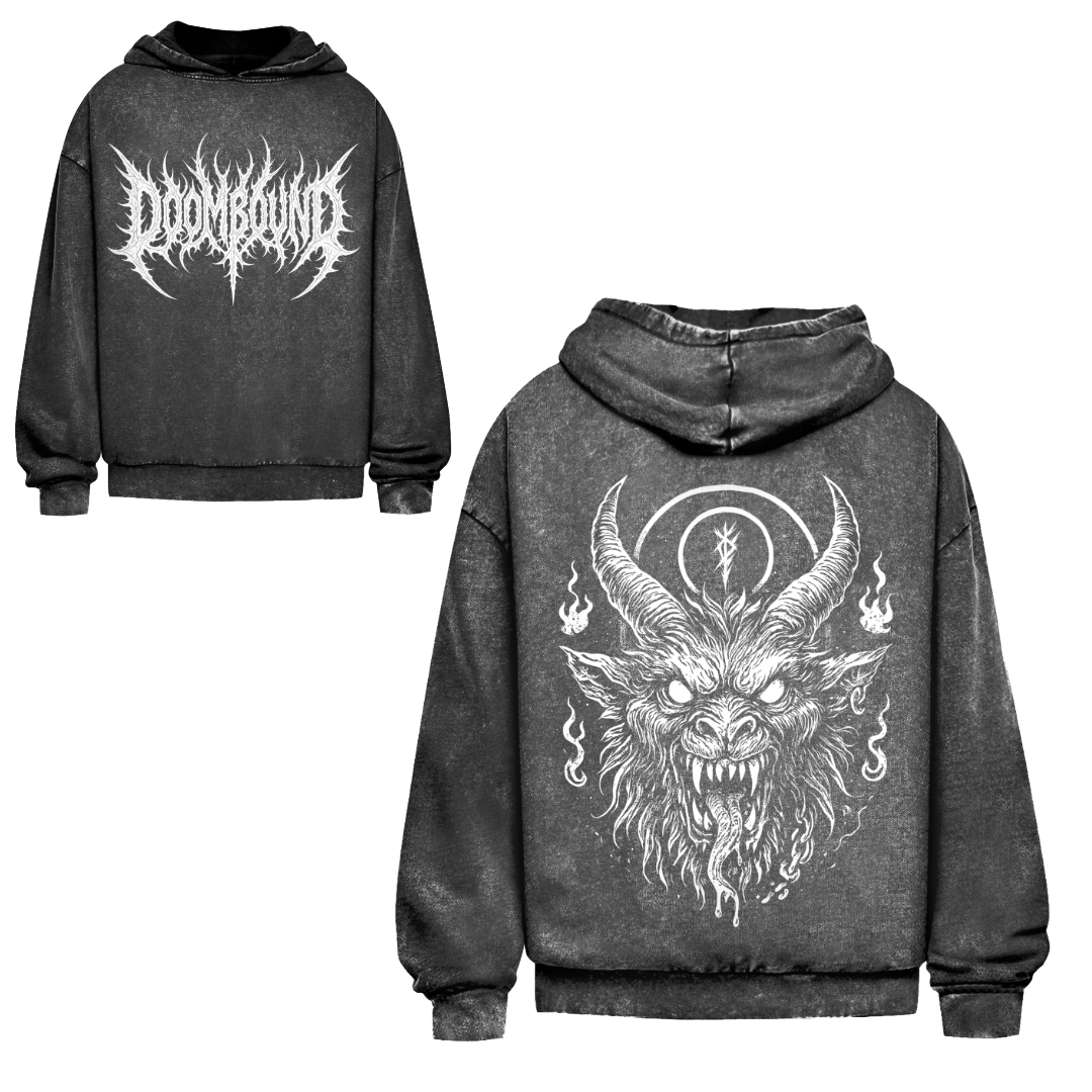 Krampus Kohle Hoodie in verwaschenem Schwarz, Vorder- und Rückseite mit weißem Schriftzug und Krampus-Motiv