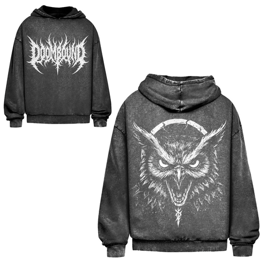 Owl Kohle Hoodie in verwaschenem Schwarz, Vorder- und Rückseite mit weißem Eulenmotiv