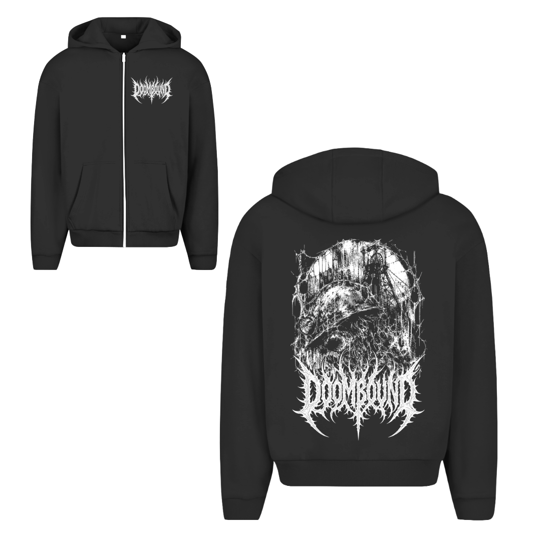 Schwarzer Pottkumpel Beton Zipper, Vorder- und Rückseite mit kleinem Brustlogo und großem Bergmann-Motiv