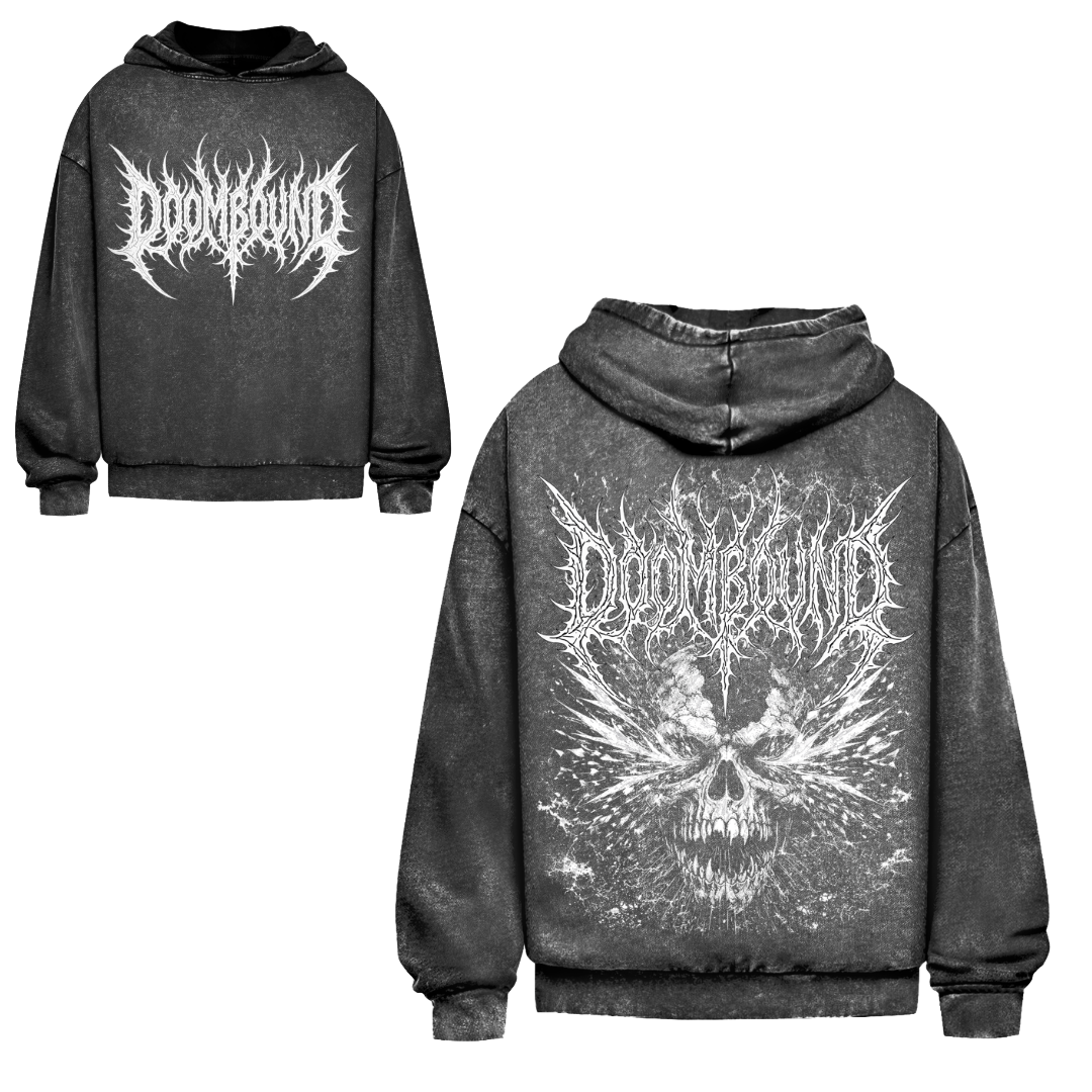 Skull Shredder Kohle Hoodie in verwaschenem Schwarz, Vorder- und Rückseite mit weißem Schädelmotiv
