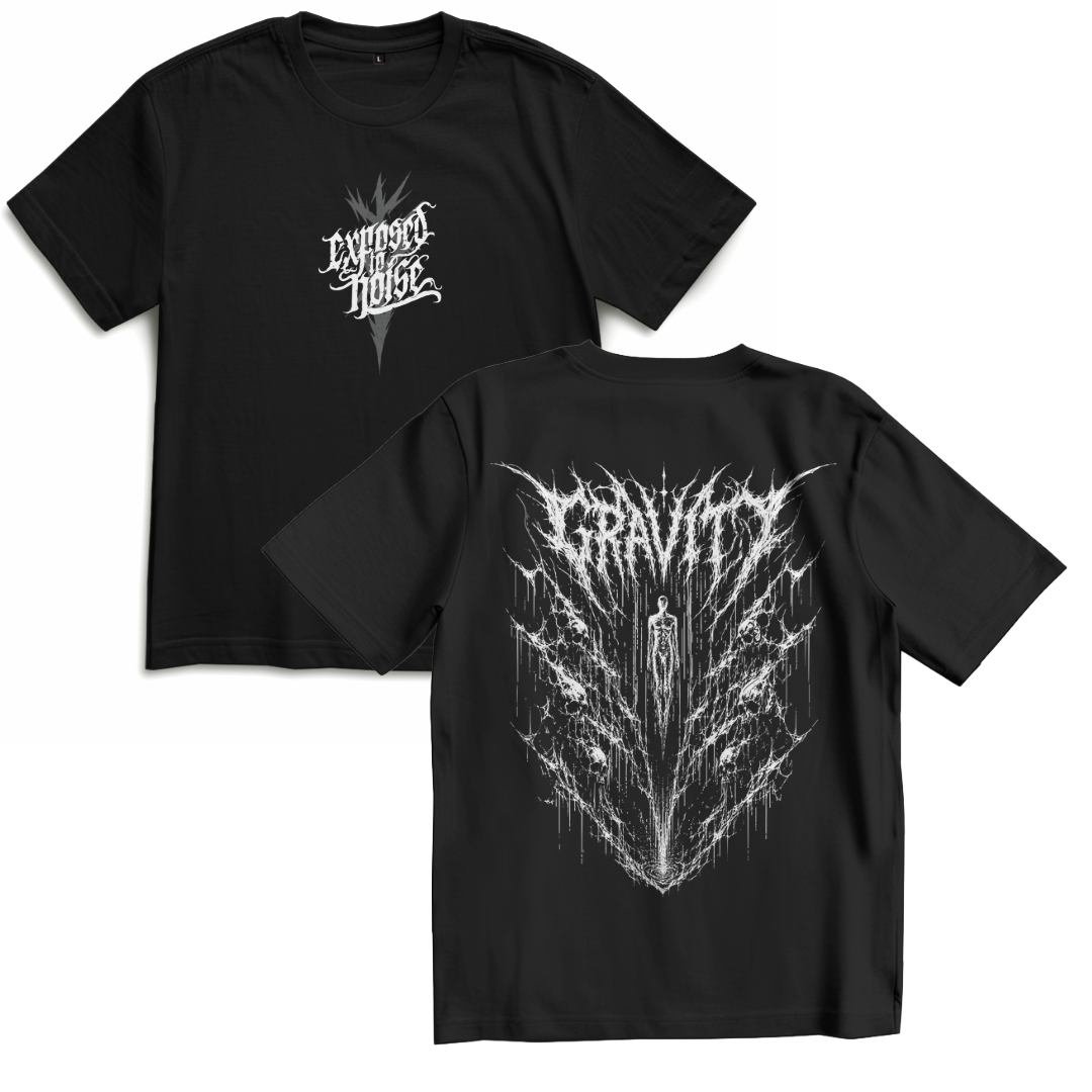 Schwarzes Gravity Oversize Shirt, Vorder- und Rückseite mit weißem Brustlogo und großem Gravity-Rückenmotiv