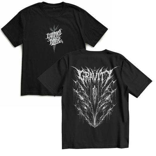 Schwarzes Gravity Oversize Shirt, Vorder- und Rückseite mit weißem Brustlogo und großem Gravity-Rückenmotiv