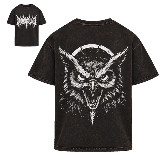 Owl Kohle Shirt in verwaschenem Schwarz, Vorder- und Rückseite mit weißem Eulenmotiv